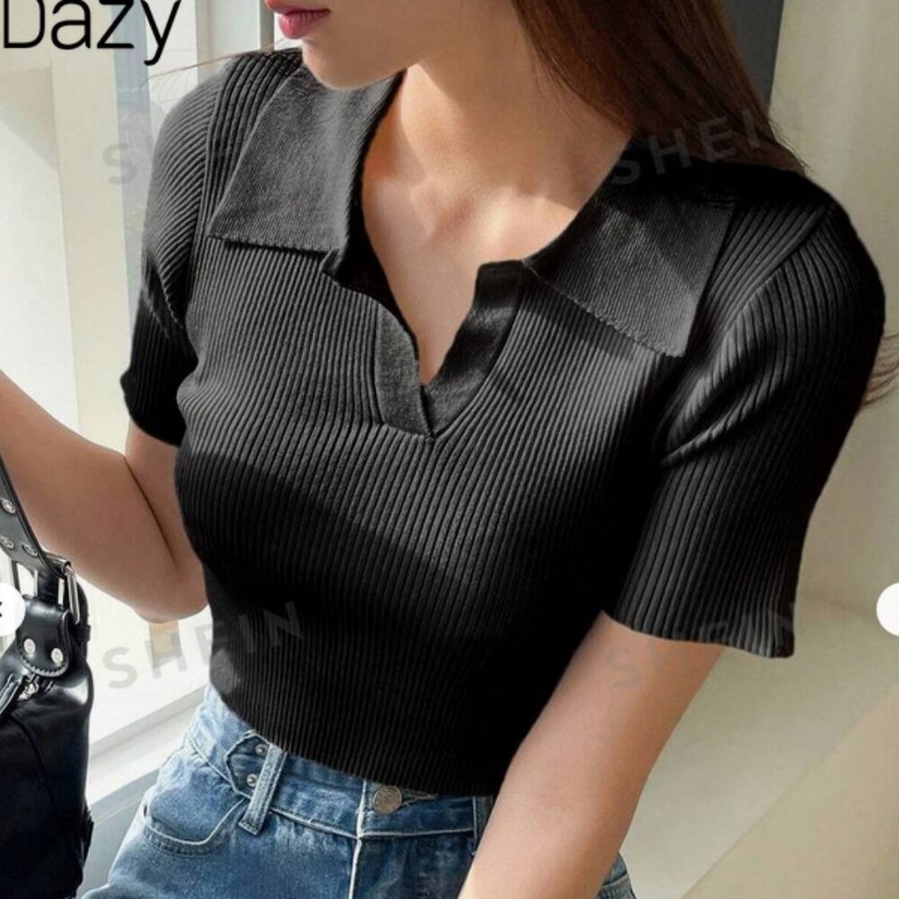 Shein | Dazy Photo Knit Ribbed Cropped Top with Collar Sz 6